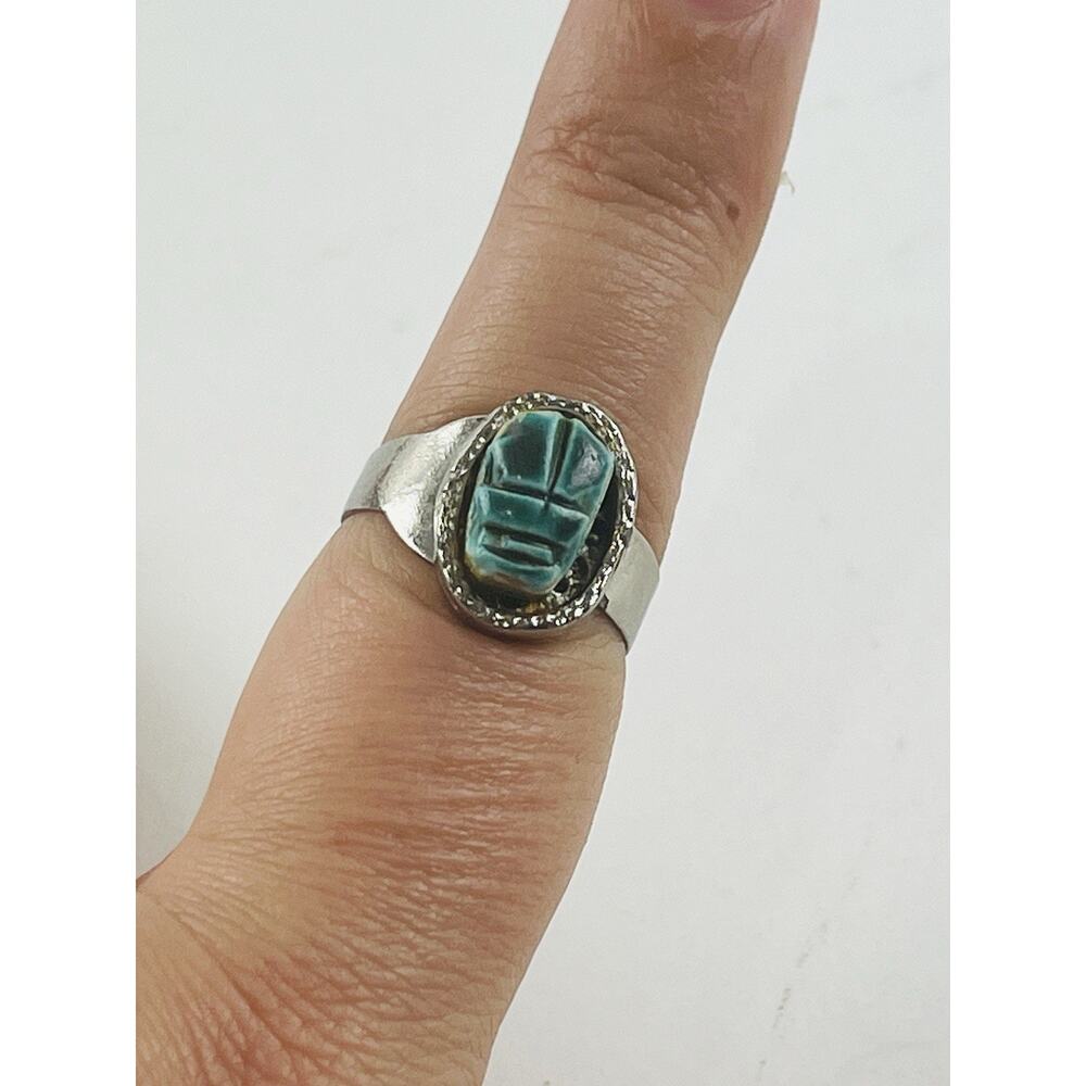 Scarab Silver Ring Egyptian Revival Estate Jewelry Blue Adjustable Bead Ethnic - Picture 2 of 13